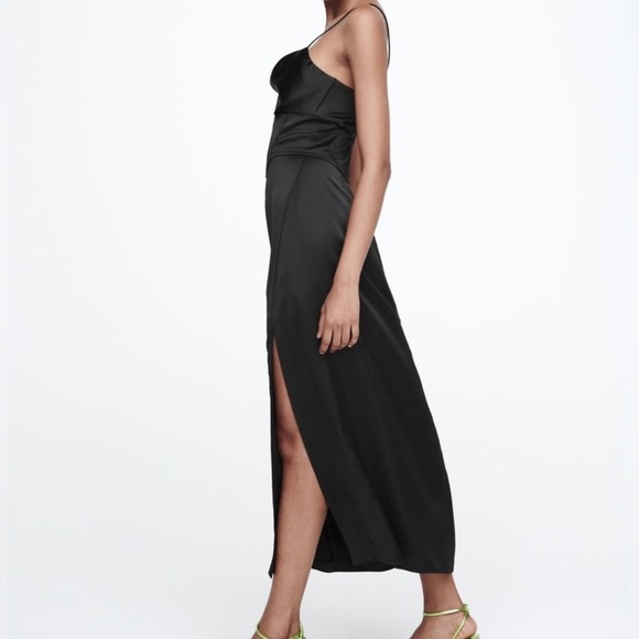 Zara Satin Elegant Black Evening Midi Dress Size XL - Picture 3 of 16